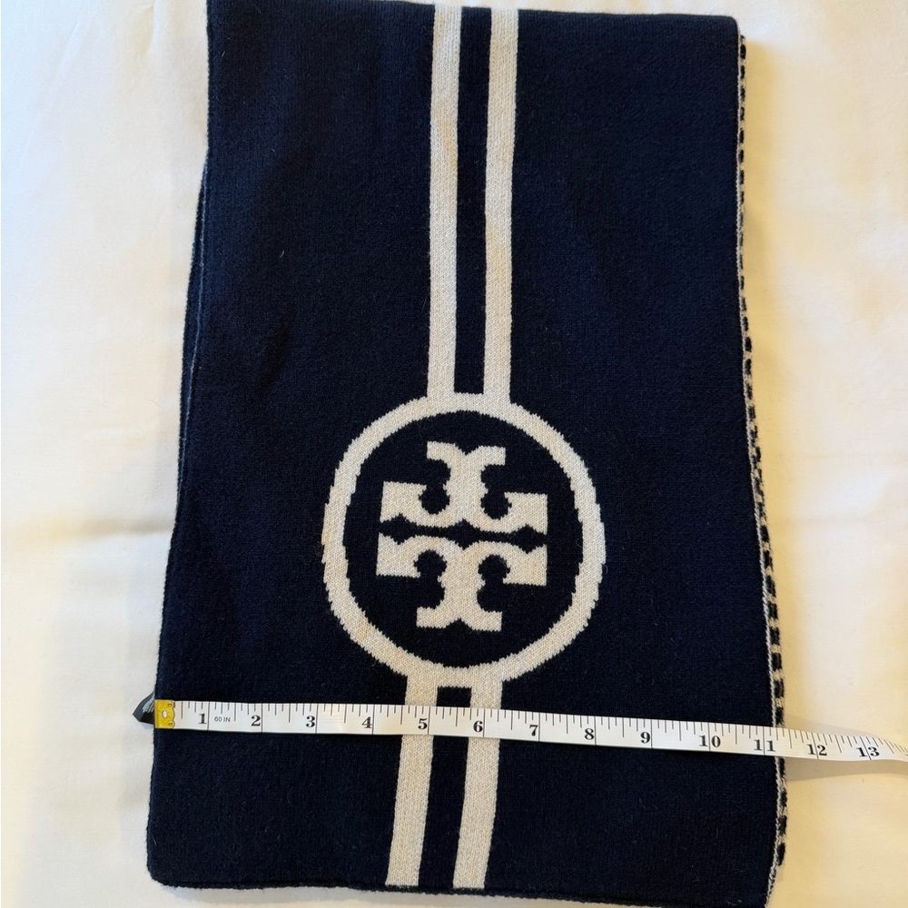 Tory Burch Striped Wool Scarf in Navy and Cream - Picture 3 of 3